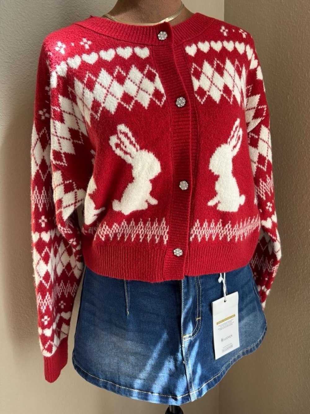 Wild Fable red & white bunny cardigan with diamond and heart motifs, size M